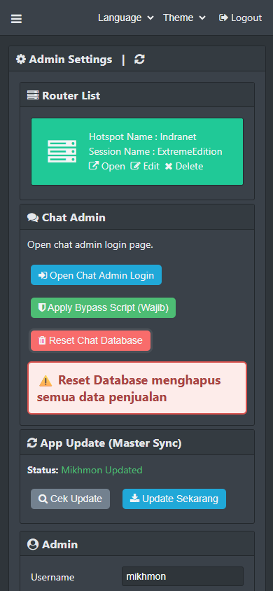 Admin settings untuk setup dasar extreme edition
