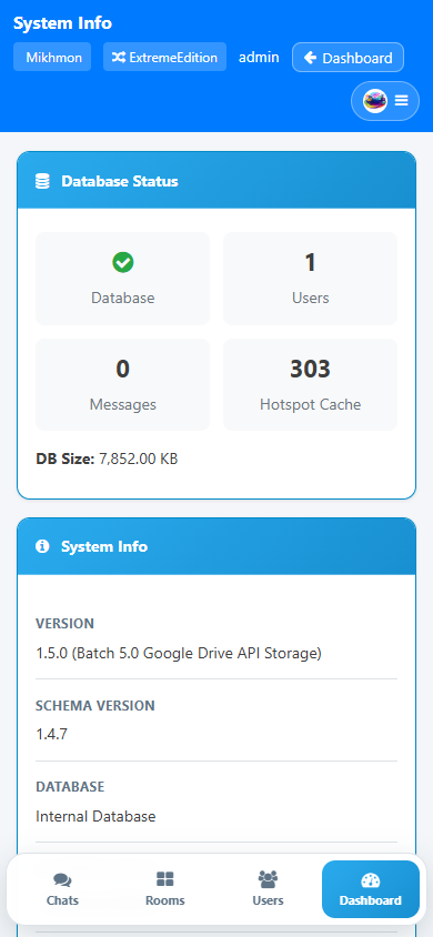 Halaman system info chat admin untuk maintenance